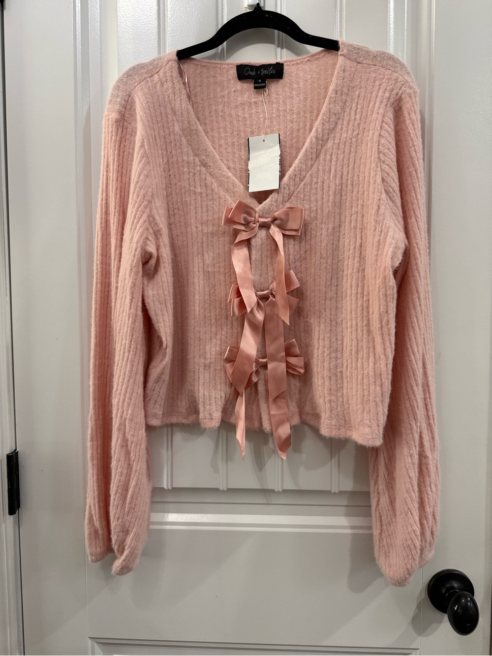 Blush Pink Ribbed V-Neck Sweater with Satin Bow Ties